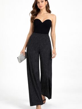 Forever 21 Black Silver Metallic Pinstripe Sleek Wide Leg Stretch Knit Trousers